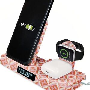 Poppi 4-in-1 Wireless Charging Stand with Digital Clock - Pink Geometric